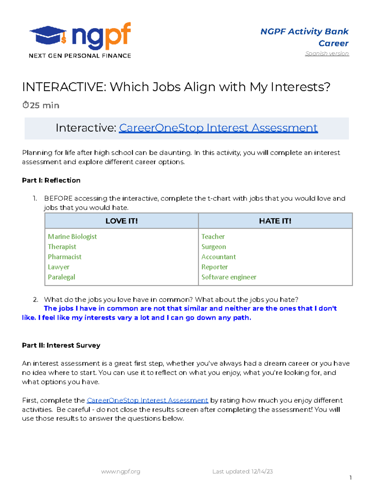 Interactive Career Assessment: Aligning Jobs with My Interests - Studocu
