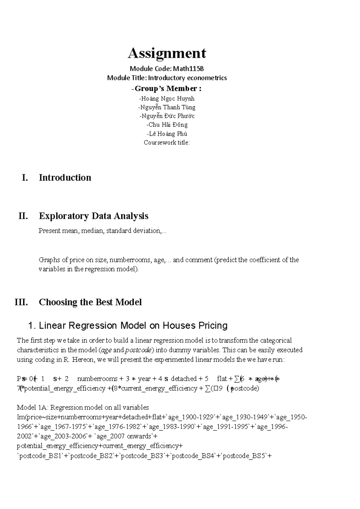Math115B Assignment: Introductory Econometrics & Regression Modeling ...