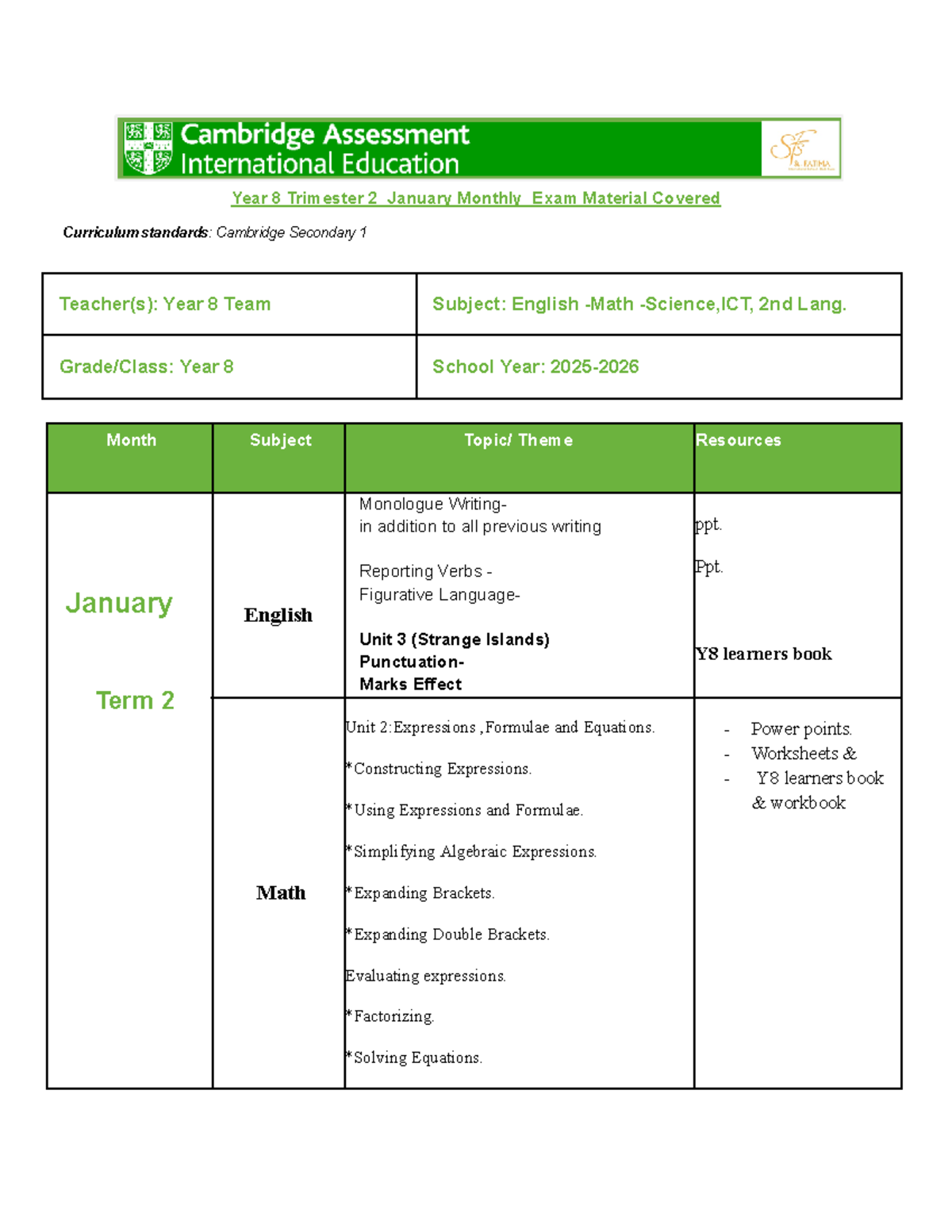 Year 8 G 8389 February Monthly Exam Study Guide - Studocu