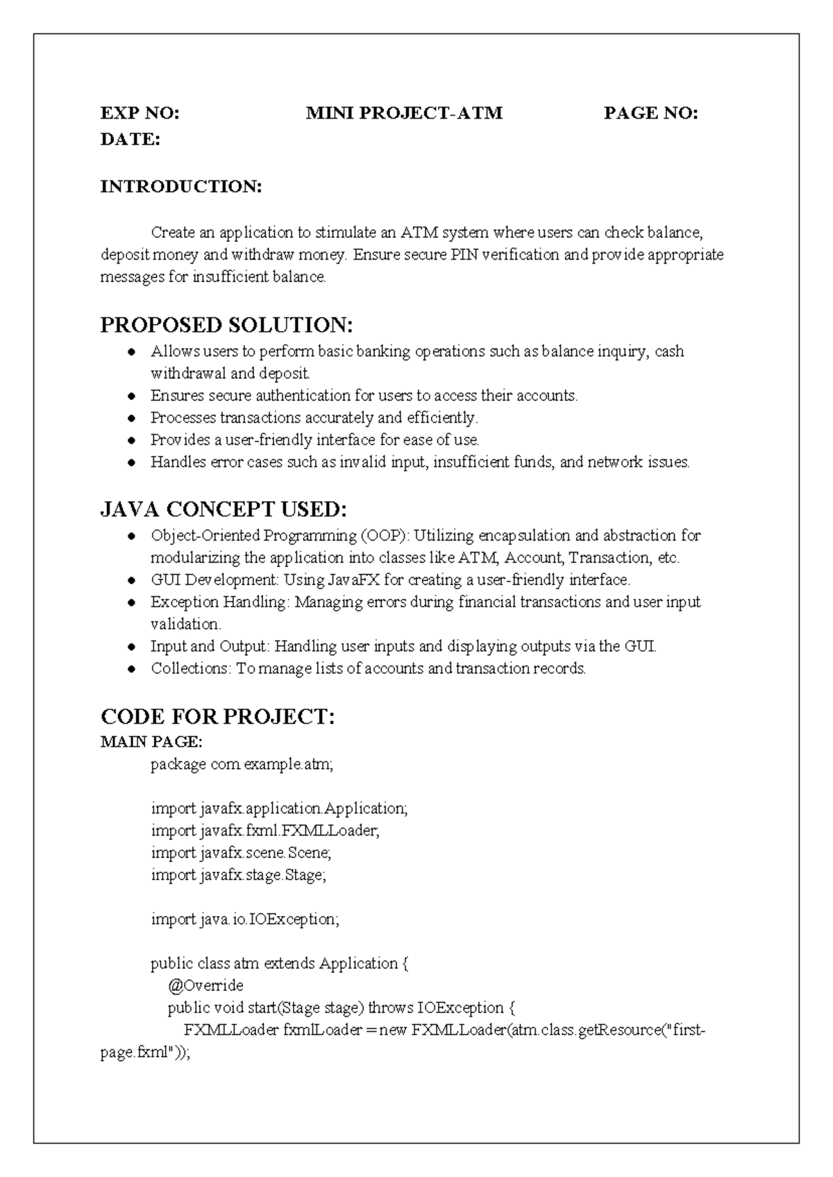 Topic Automated Teller Machine (ATM) - EXP NO: MINI PROJECT-ATM PAGE NO ...