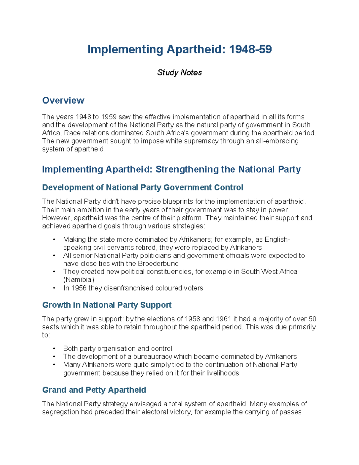 Apartheid Notes 1948-59: Study Overview and Key Insights - Studocu