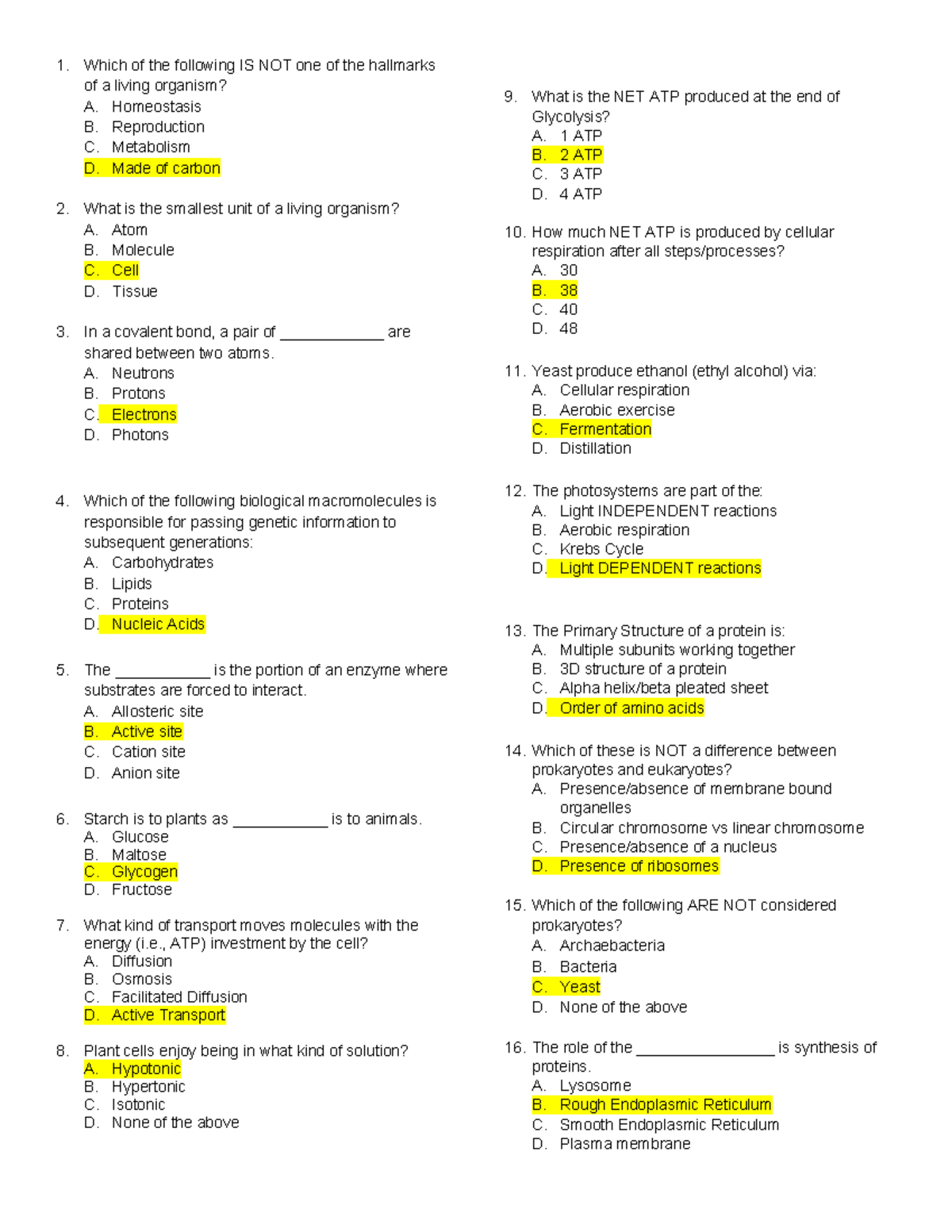 BIO101 Exam #1 Review Practice Q&A Answer Key - Studocu