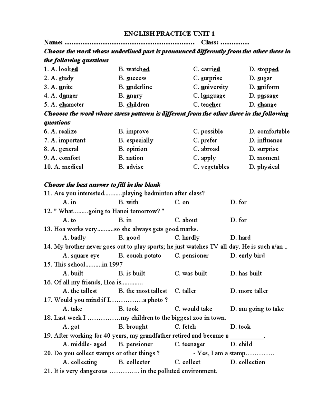 English Practice Unit 1: Pronunciation and Vocabulary Exercises - Studocu