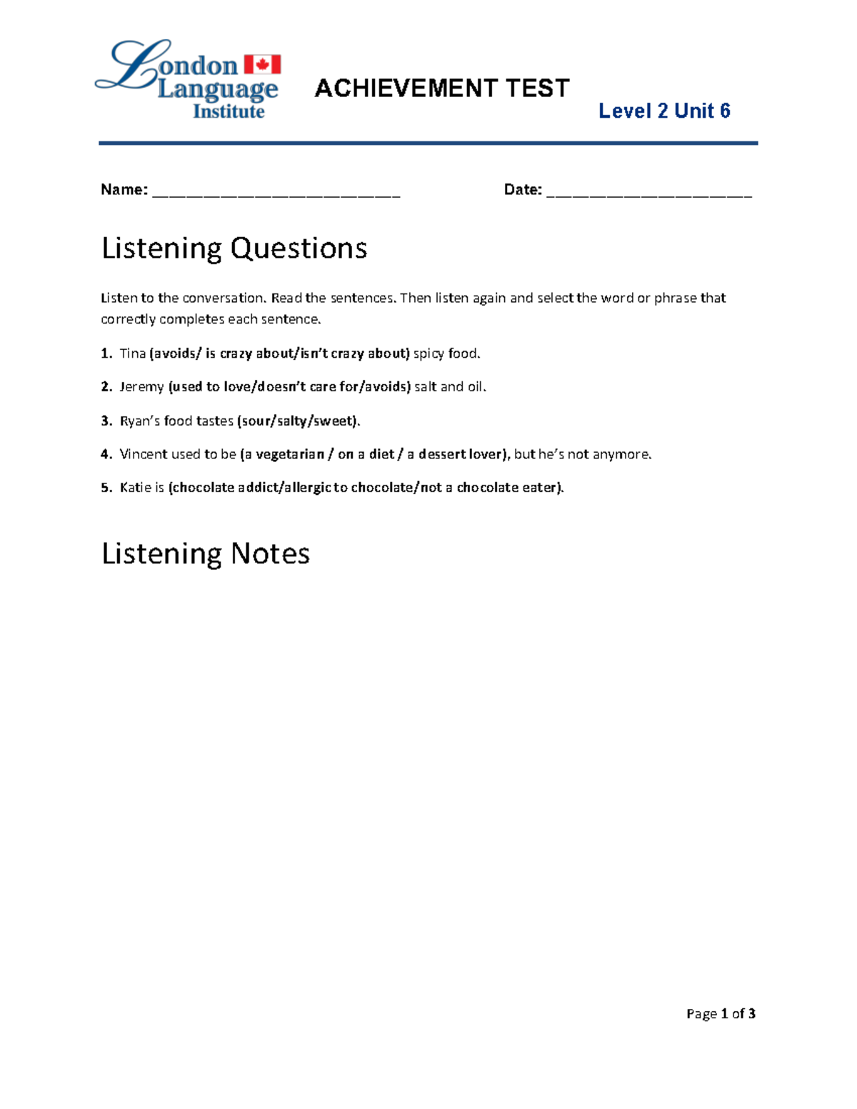 Corhuila Level 2 Unit 6 Assessment Handout - ACHIEVEMENT TEST LEVEL 1 B ...