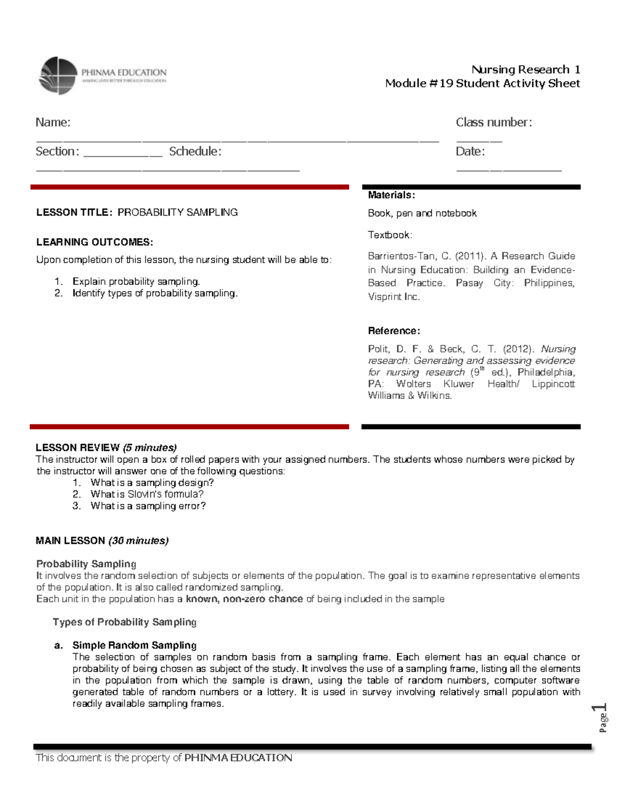 Nursing Research 1: Probability Sampling Lesson Activity Sheet - Studocu