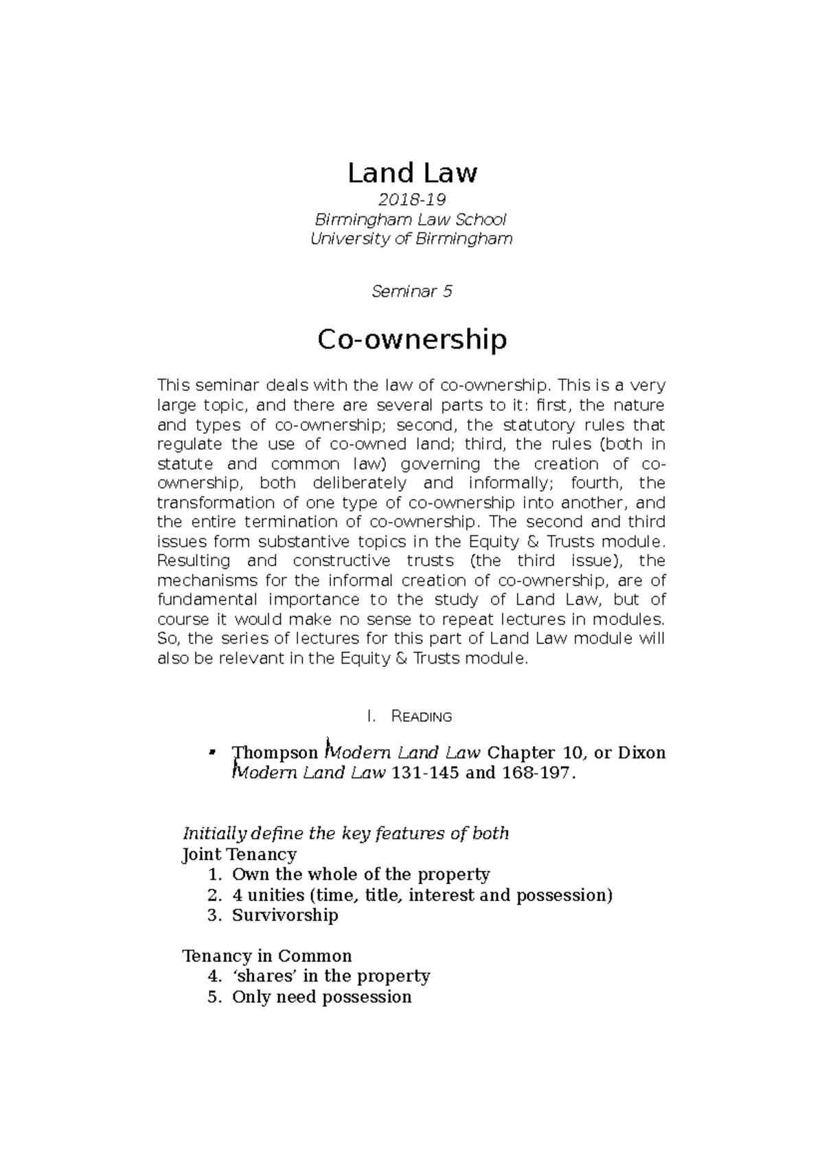 Co-Ownership in Land Law - Seminar 5 Notes (2018) - Studocu