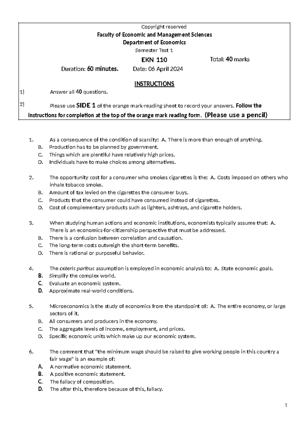 EKN 110 Semester Test 1 2024: Questions and Memo Analysis - Studocu