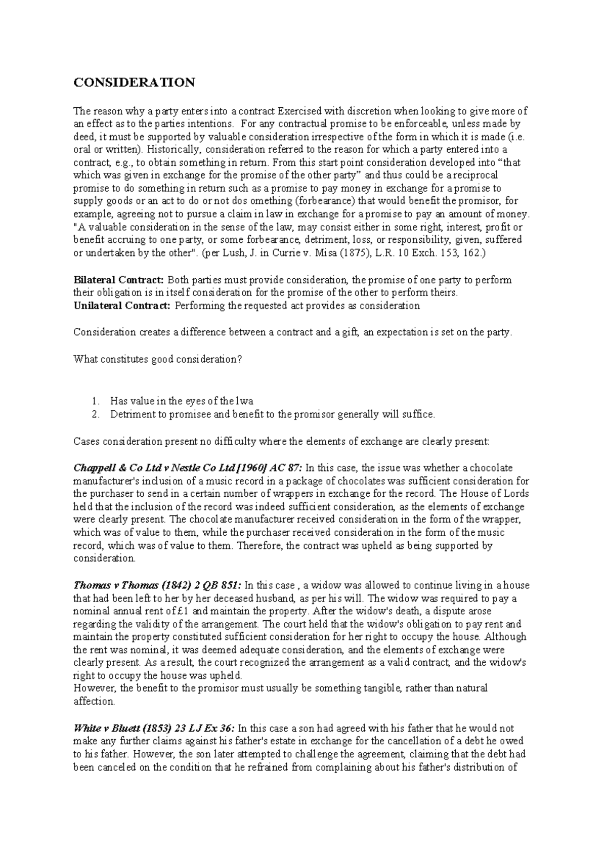 Contract Law: Understanding Consideration and Its Importance - Studocu