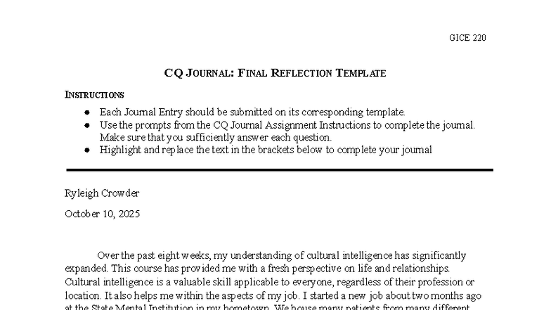 GICE 220 CQ JOURNAL: FINAL REFLECTION TEMPLATE GUIDELINES - Studocu