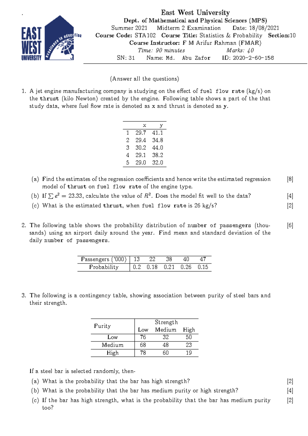 Statistics & Probability STA102 Summer 2021 Midterm 2 Exam - Answers ...
