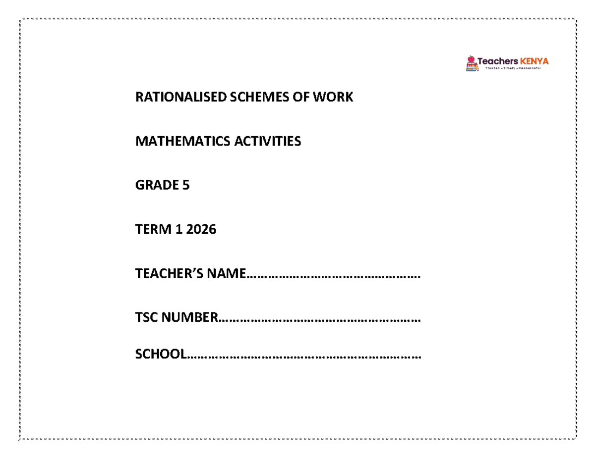 TERM 1 2026 Grade 5 Mathematics Activities Scheme of Work - Studocu