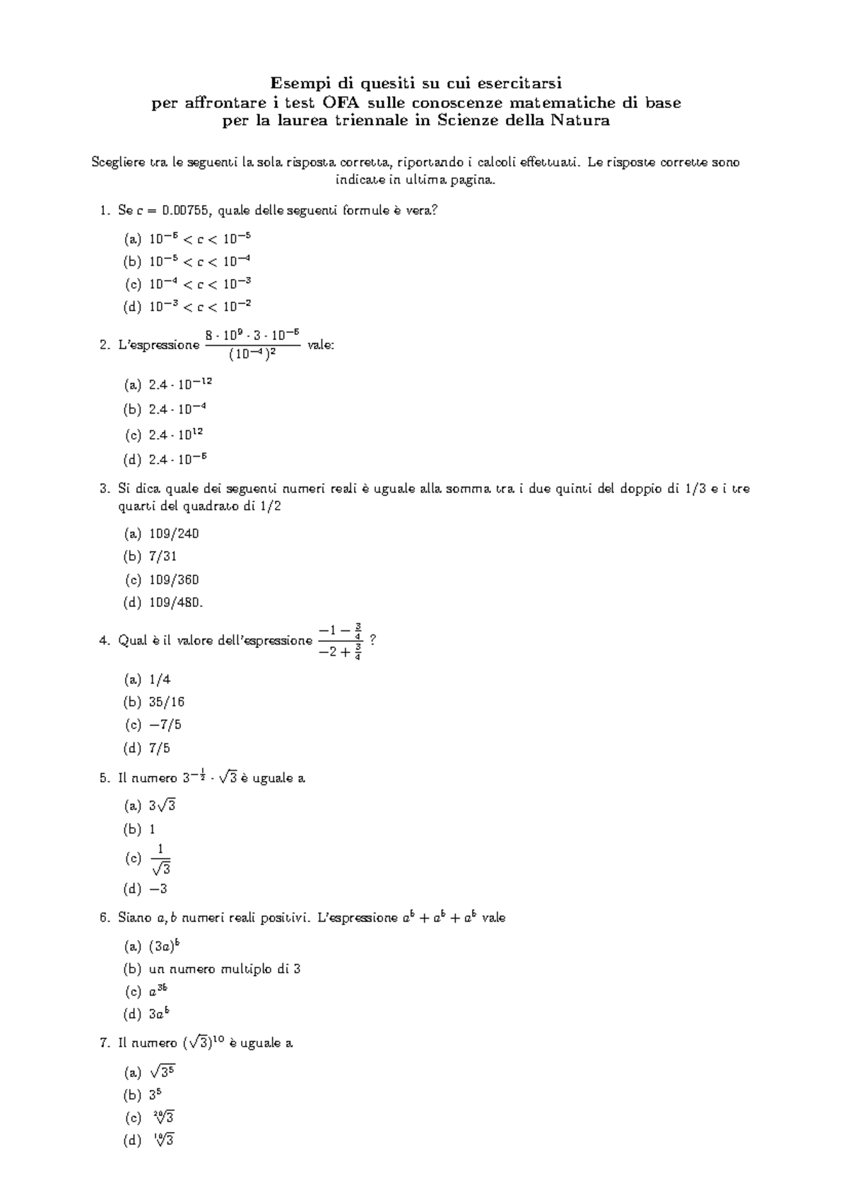 Esempi di quesiti per test OFA in Matematica - Corso di Laurea ...