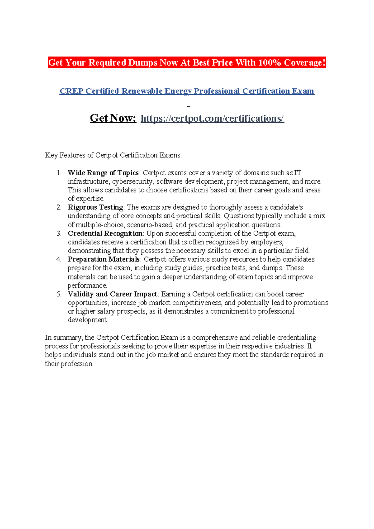 CREP Certified Renewable Energy Professional Certification Exam - Get ...
