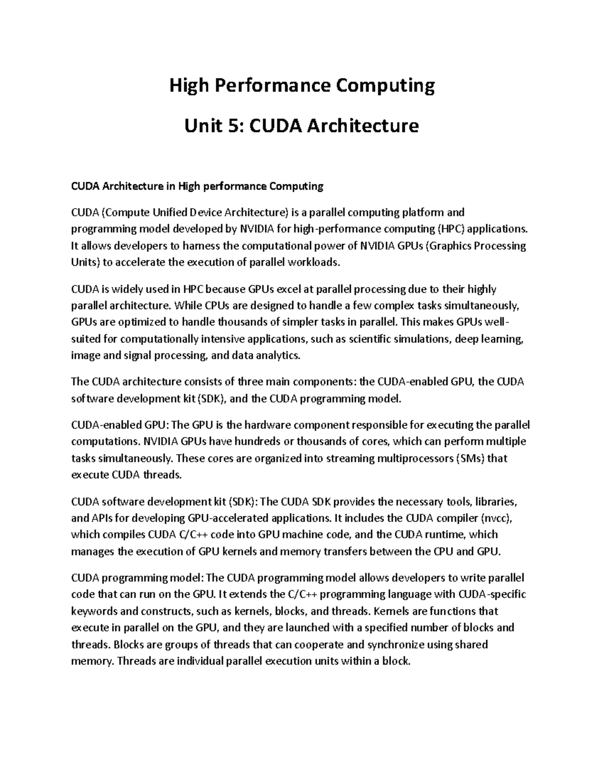 HPC 5 - Unit 5: CUDA Architecture Notes for High Performance Computing ...