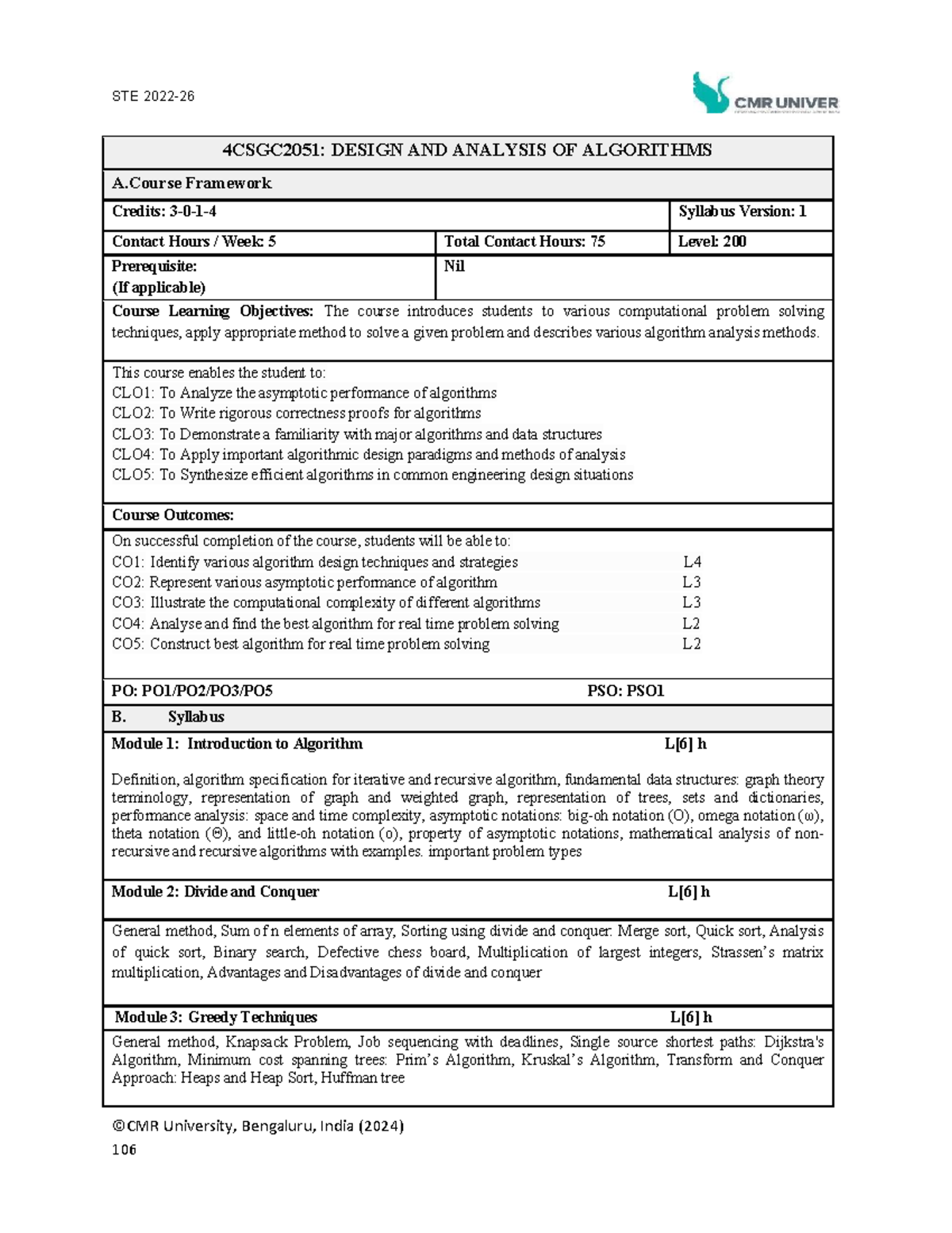 STE 4CSGC2051: DAA Course Syllabus and Framework Overview - Studocu