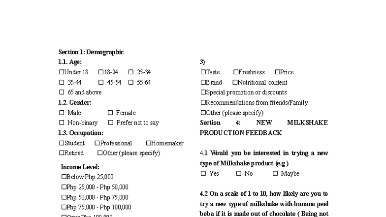 Demographic Survey and Milkshake Preferences - Section 1 Demog 2 - Studocu