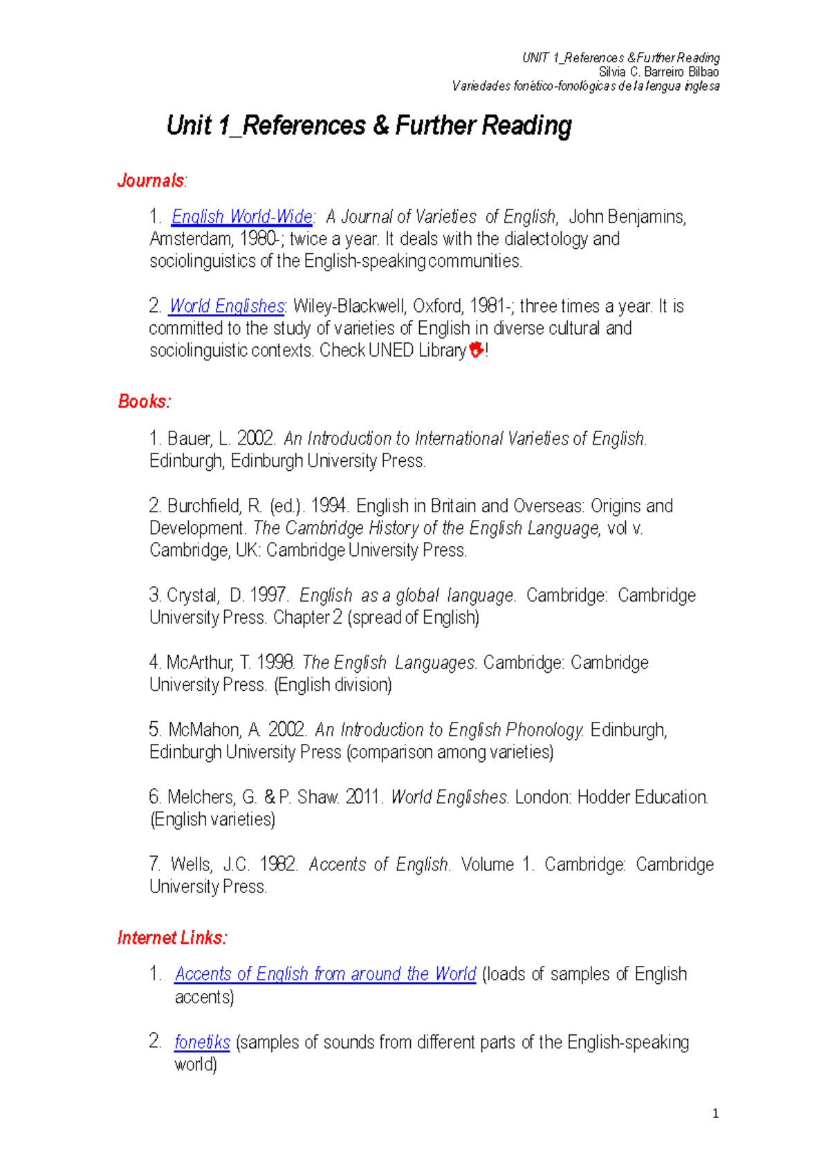 UNIT 1: References & Further Reading on English Varieties - Studocu