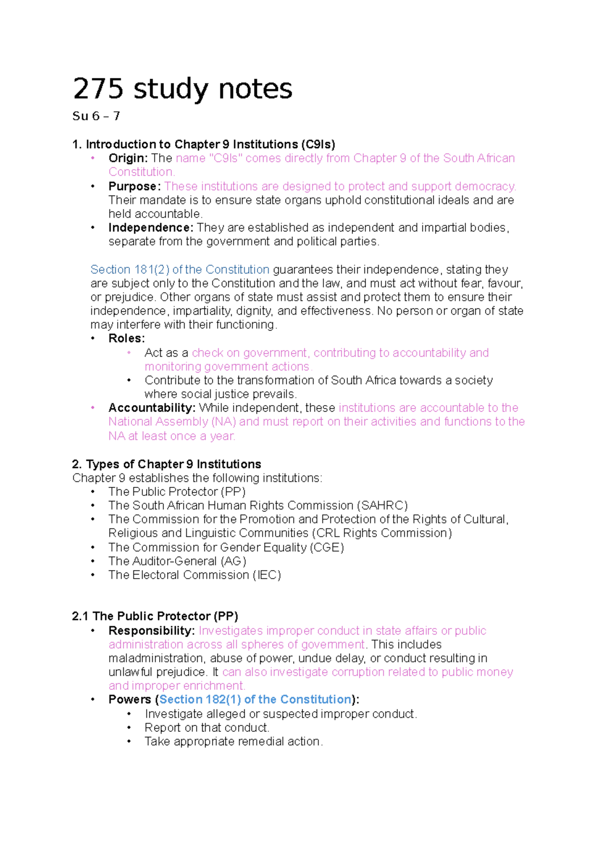 275 Study Notes: Chapter 9 Institutions & Spheres of Government ...