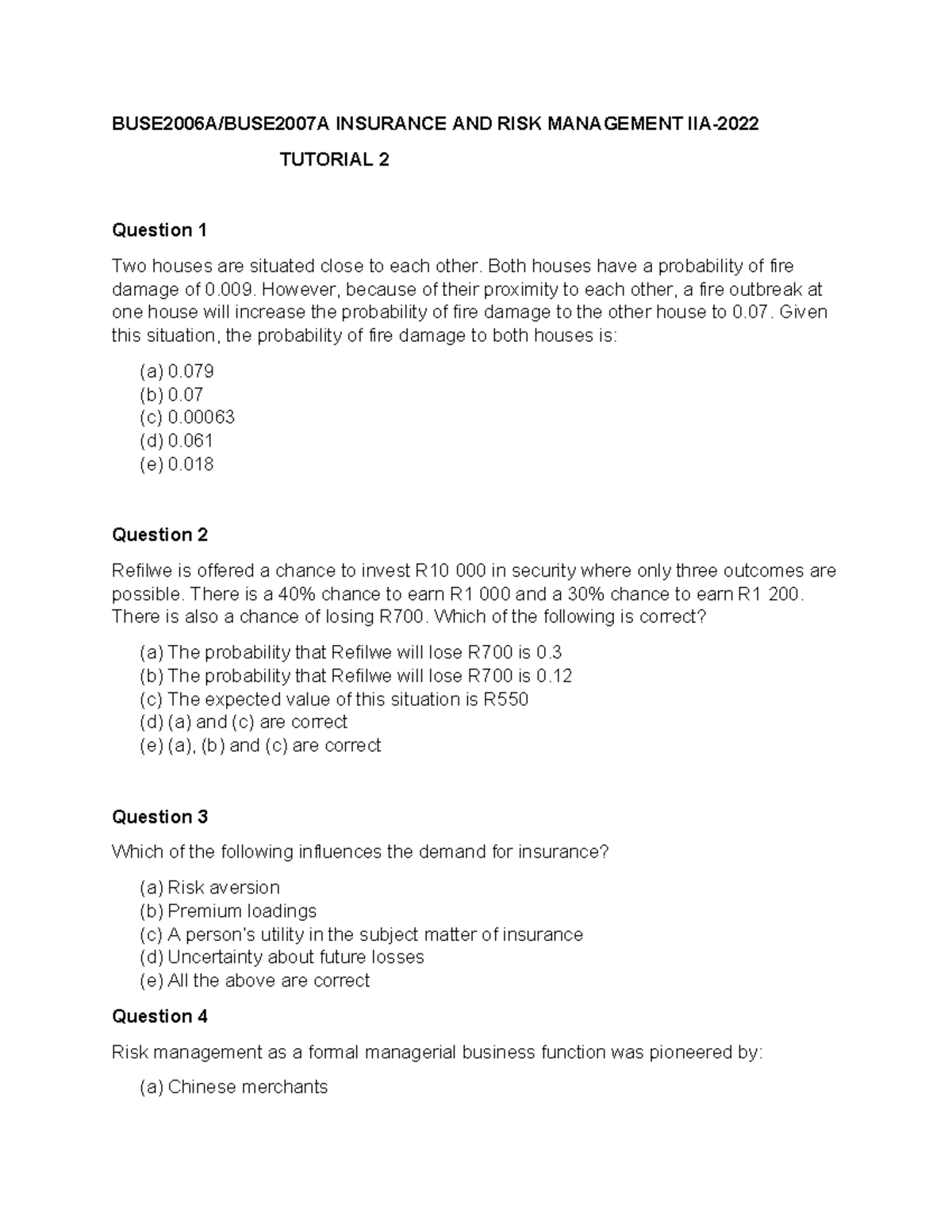 Insurance and risk management tutorial 2 notes - Studocu