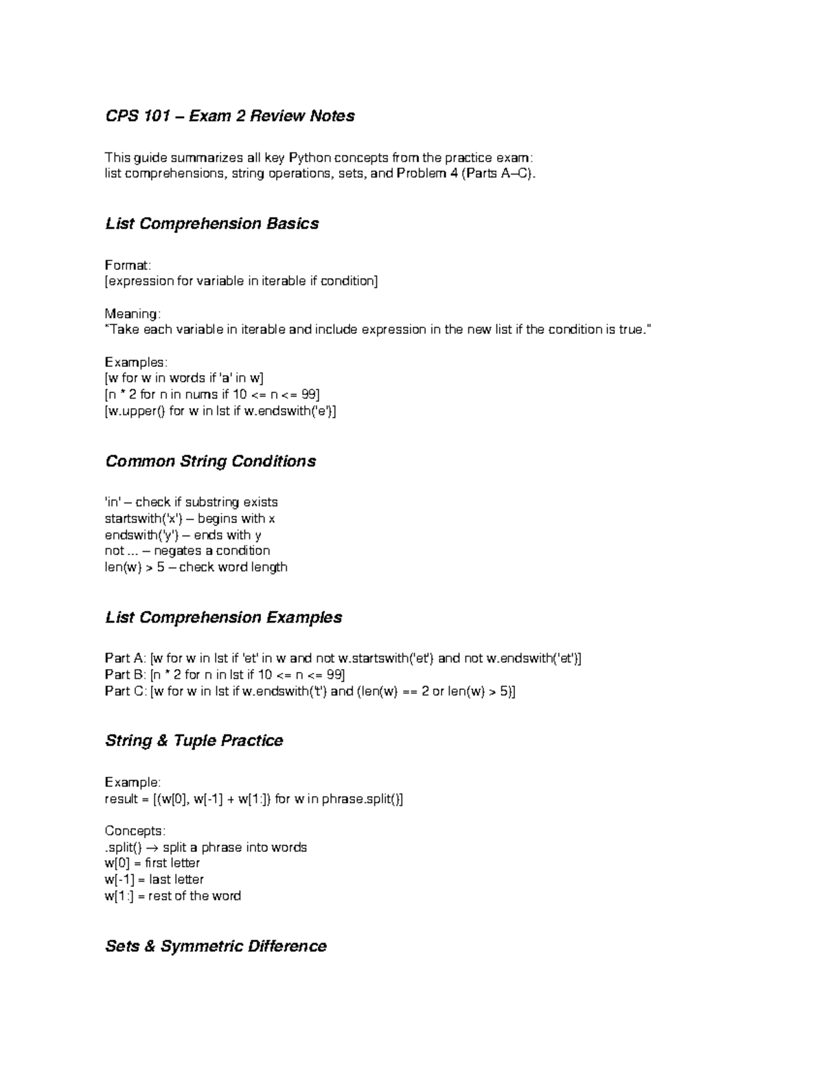 CPS 101 Exam 2 Review: Key Python Concepts & Examples - Studocu