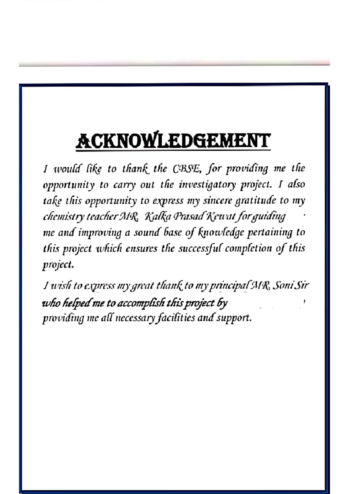 Acknowledgement for Investigatory Project in Chemistry - Studocu