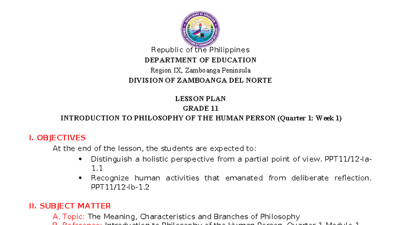 Grade 11 Lesson Plan: Intro to Philosophy of the Human Person - Studocu