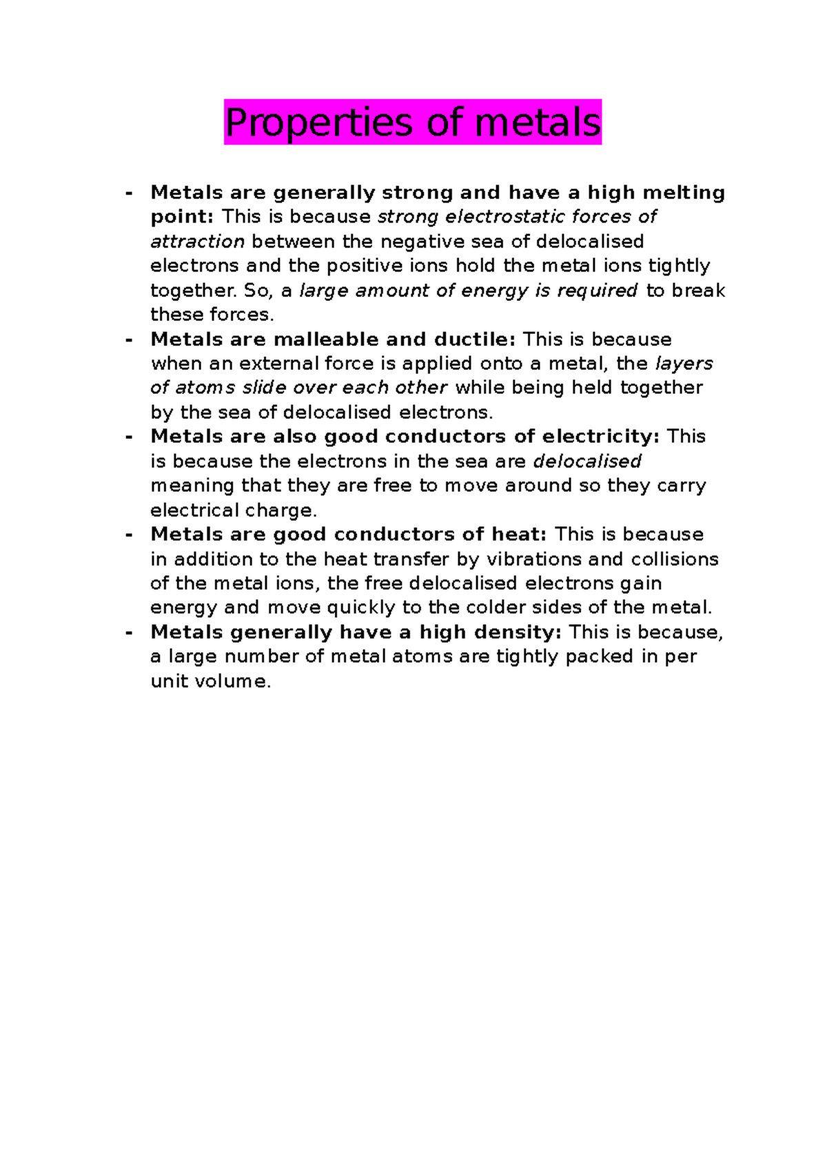 Properties of Metals: Strength, Conductivity, and Density - Studocu
