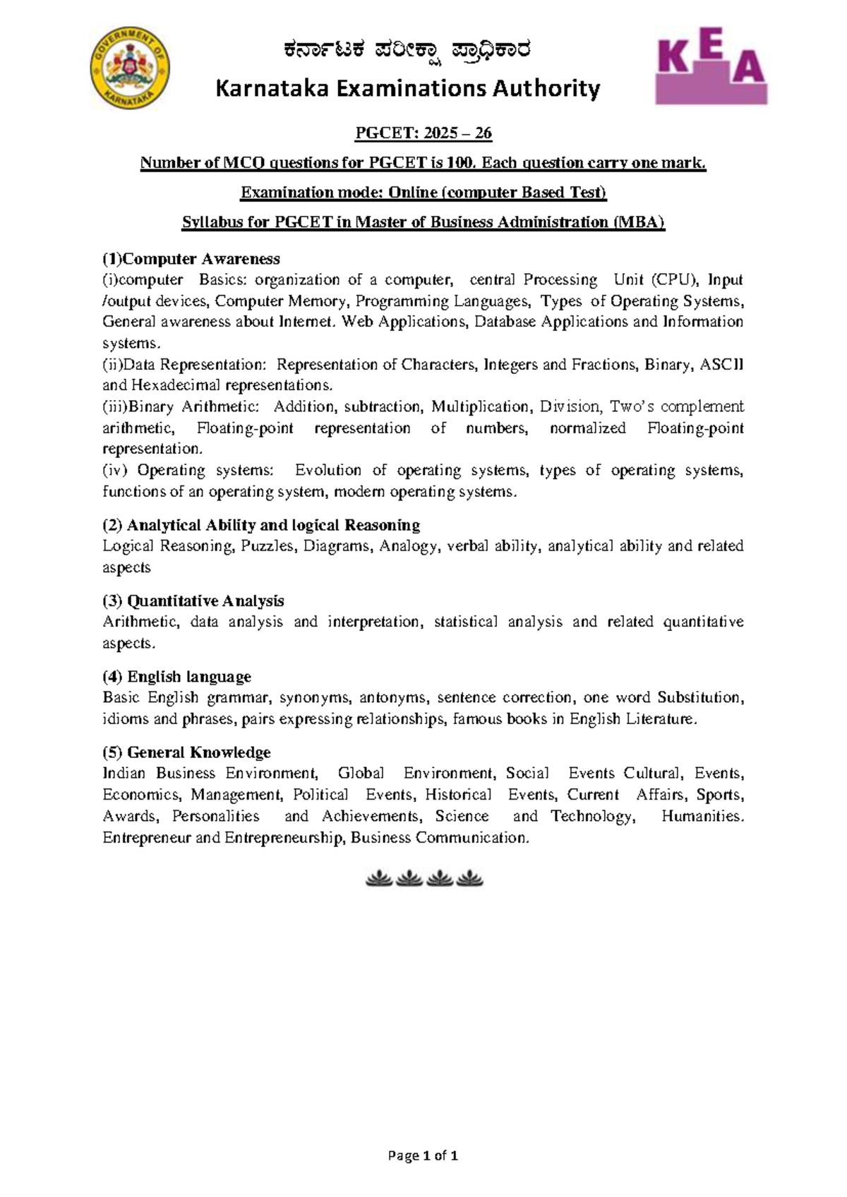 PGCET 2025-26 MBA Exam Syllabus: MCQs & Topics Overview - Studocu