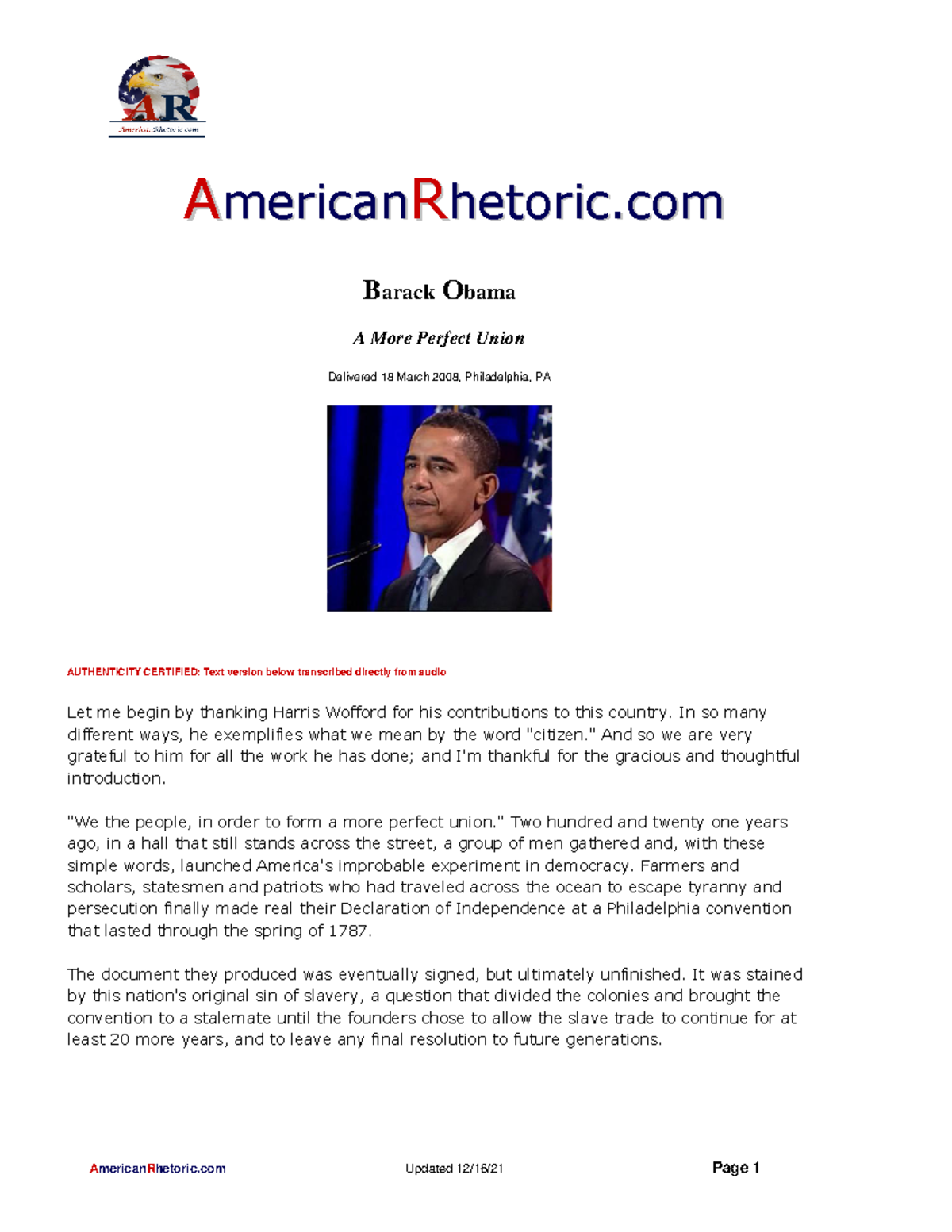 Barack Obama - A More Perfect Union Speech Analysis (Course Code: RHE ...
