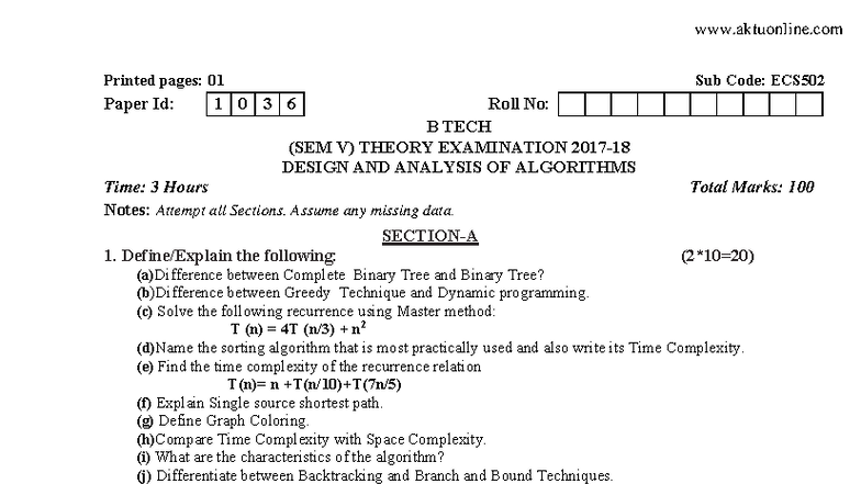 B.Tech (Sem V) Design & Analysis of Algorithms ECS502 Exam Notes 2018 ...
