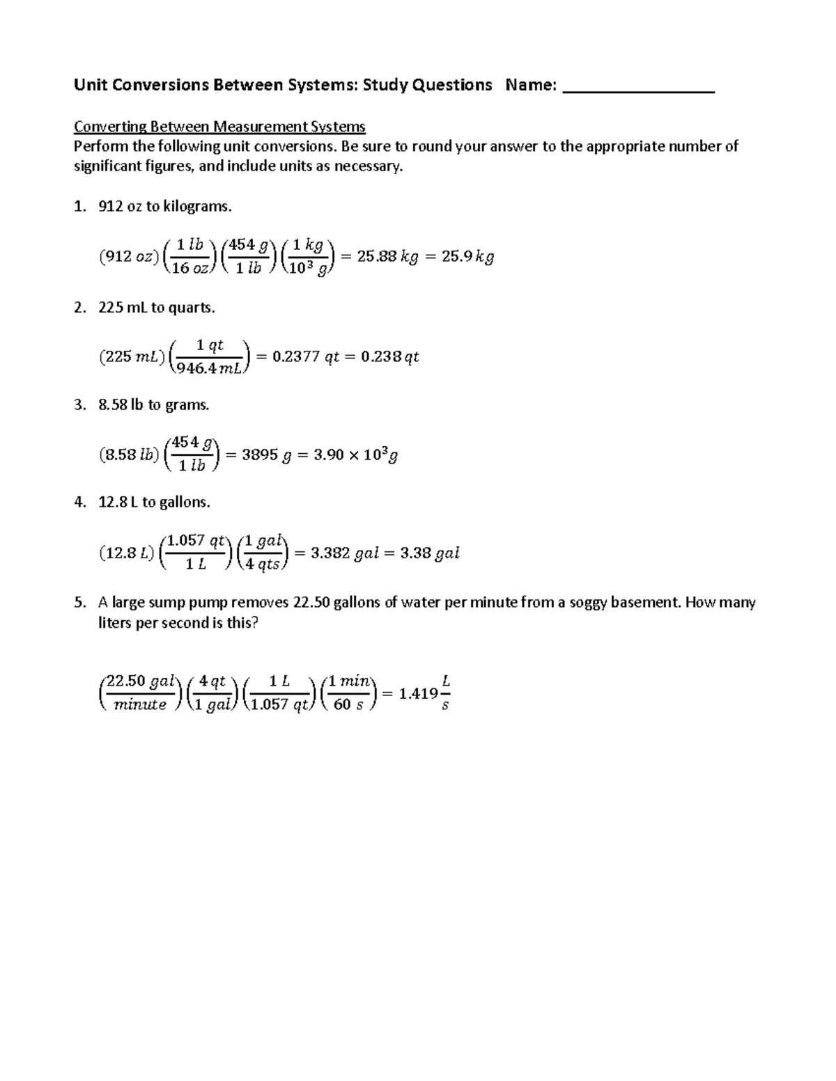 Unit Conversions Between Systems: Study Questions - Studocu