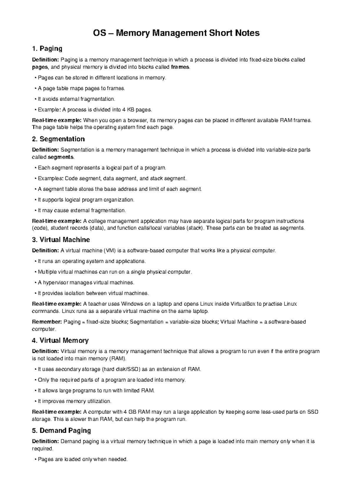 OS Memory Management Short Notes: Paging, Segmentation & VM Examples ...
