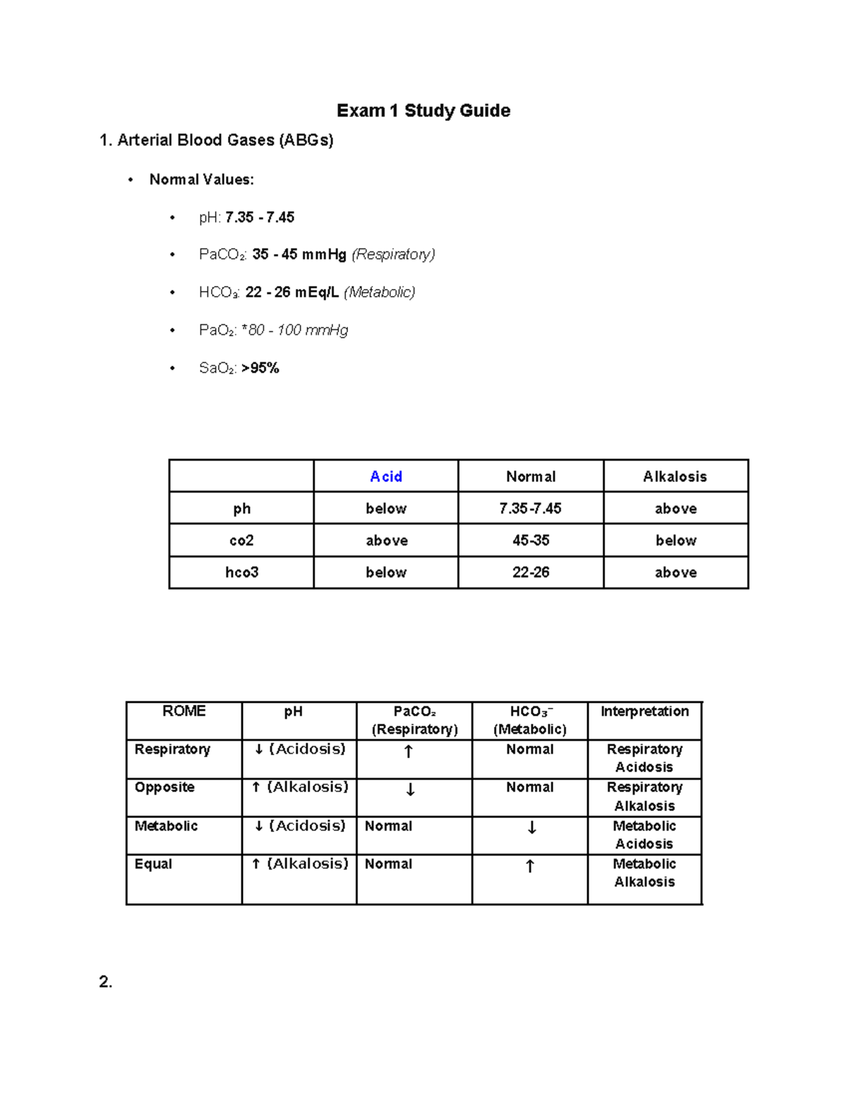 Exam 1 Study Guide 2 - Exam 1 Study Guide 1. Arterial Blood Gases (ABGs ...