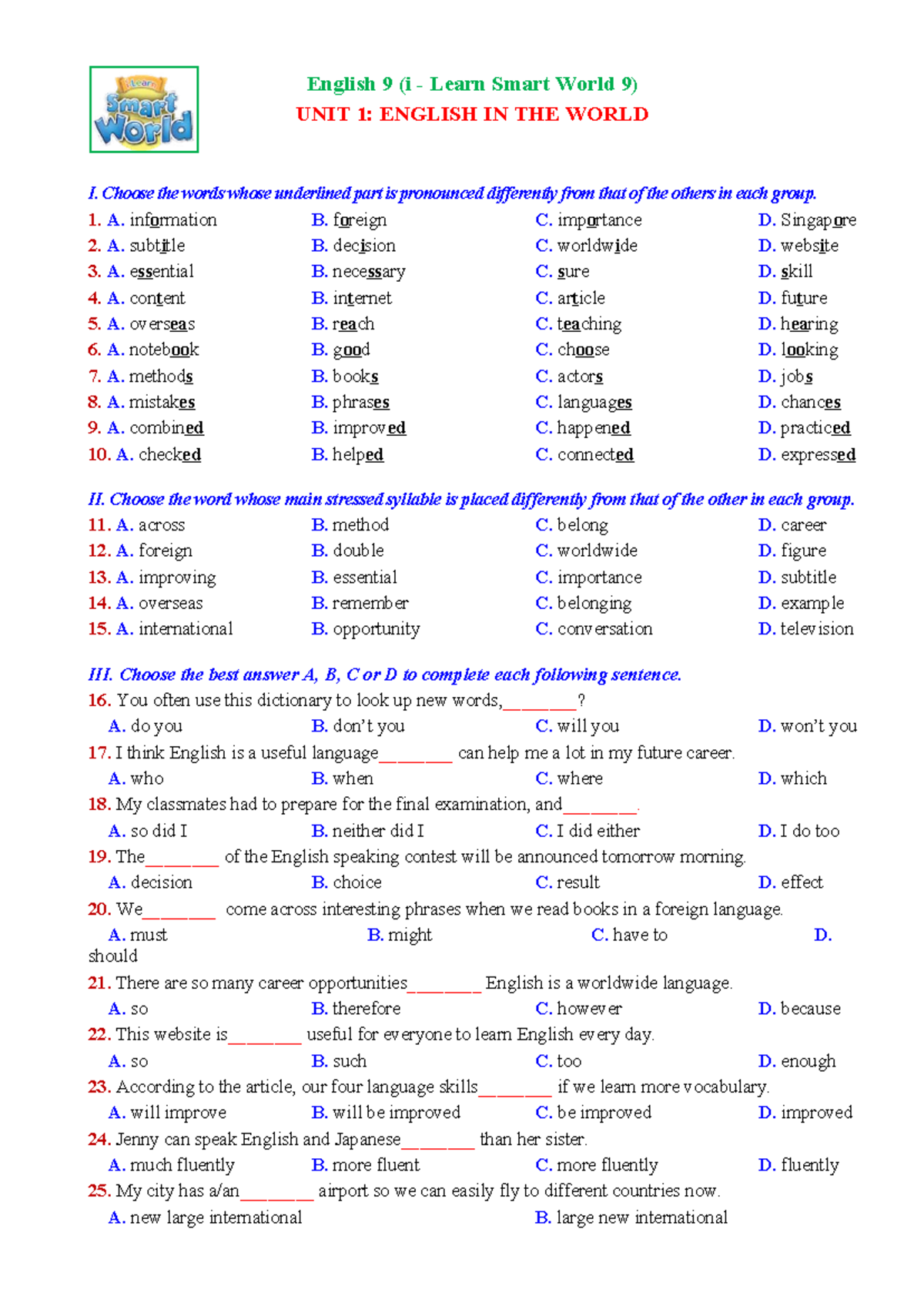 Unit 1: English in the World - English 9 (iLearn Smart World) - Studocu