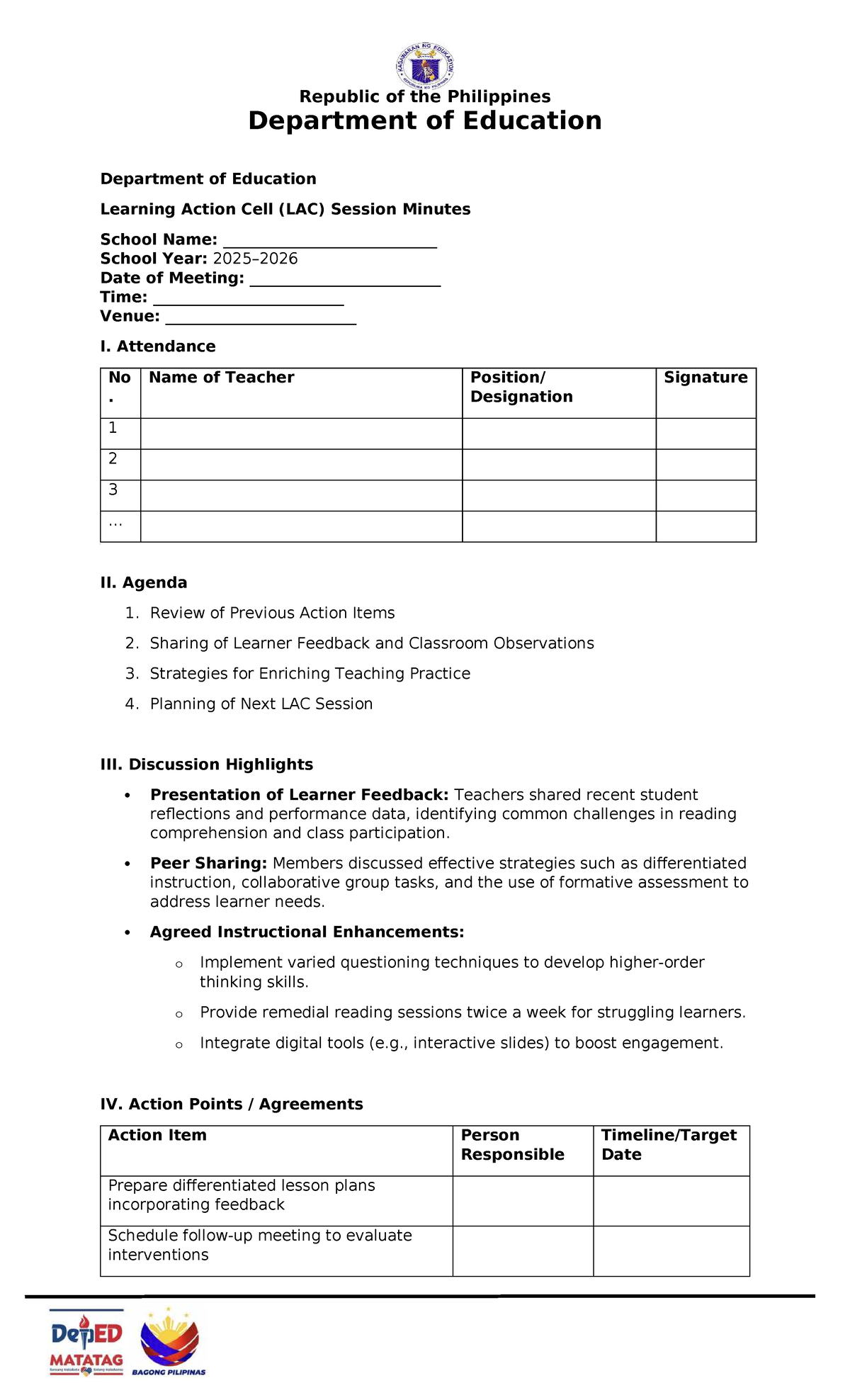LAC Session Minutes: Enhancing Teaching Practices - SY 2023-2024 - Studocu