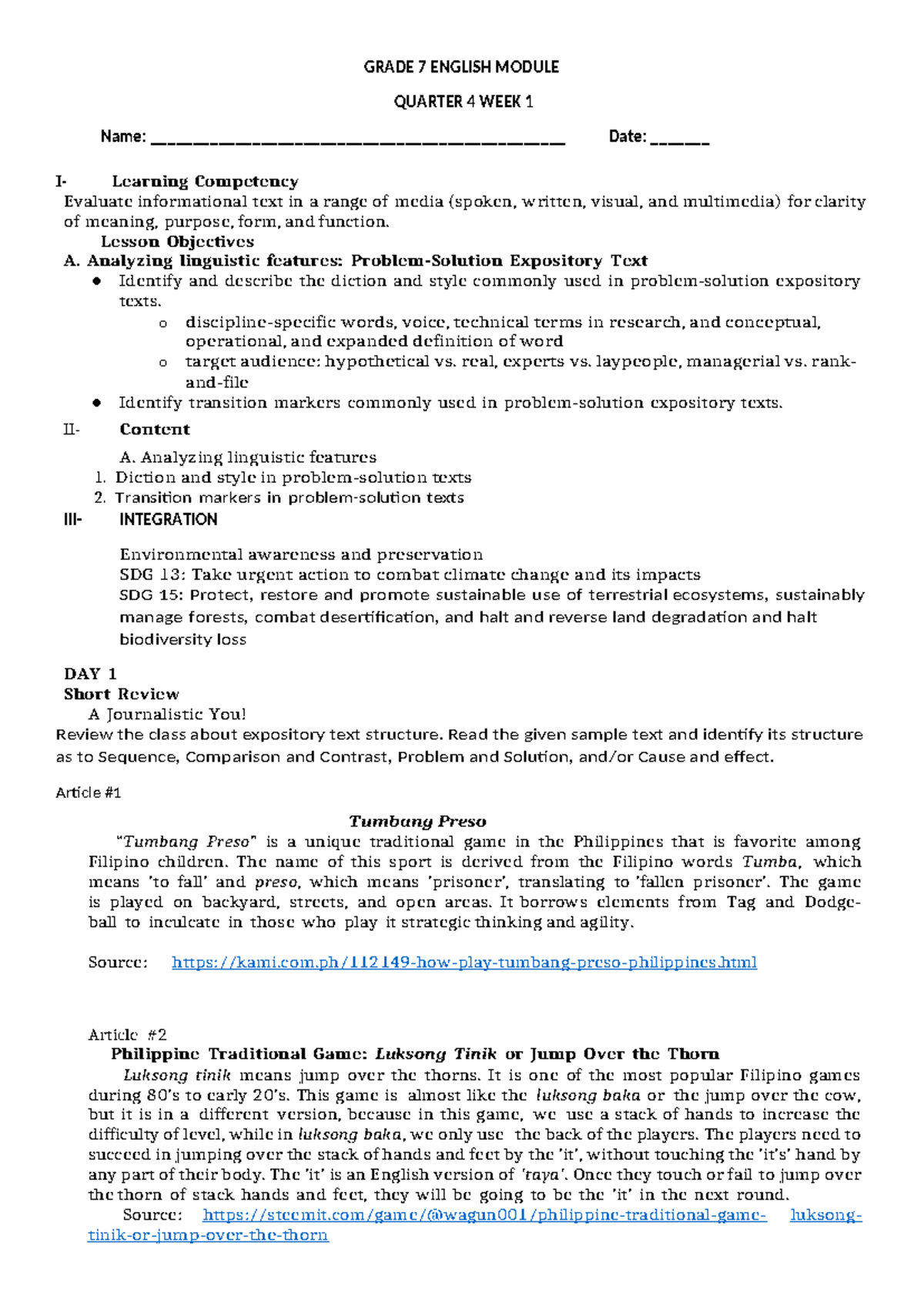 Grade 7 English Module: Expository Text Analysis & Environmental ...