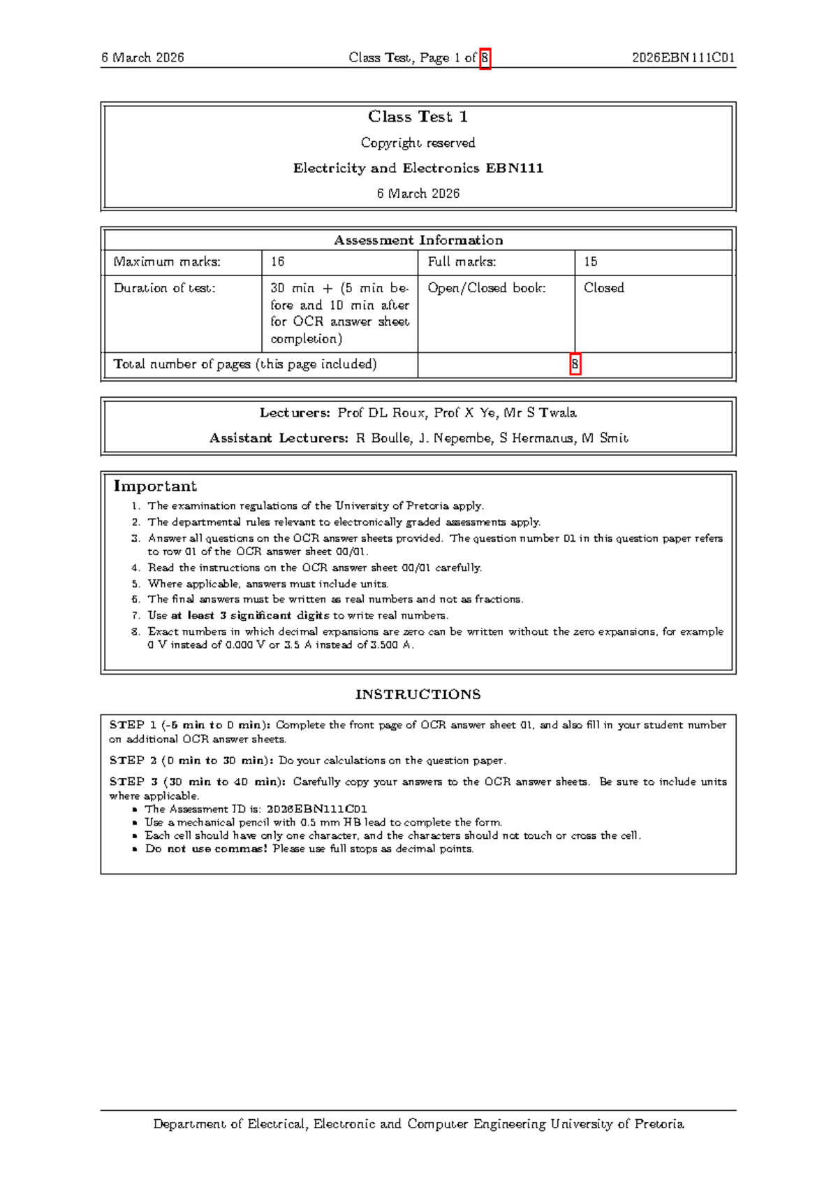 Class Test 1 (2026EBN111C01): Electricity & Electronics Memo - Studocu