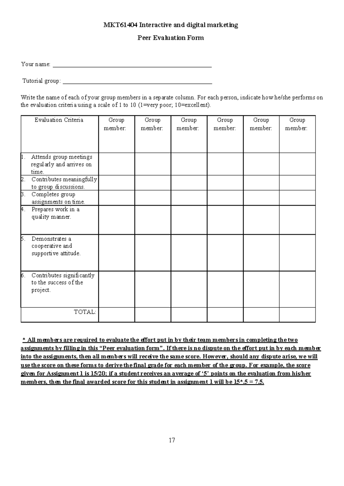 MKT61404 Peer Evaluation Form for Group Project Assessment - Studocu