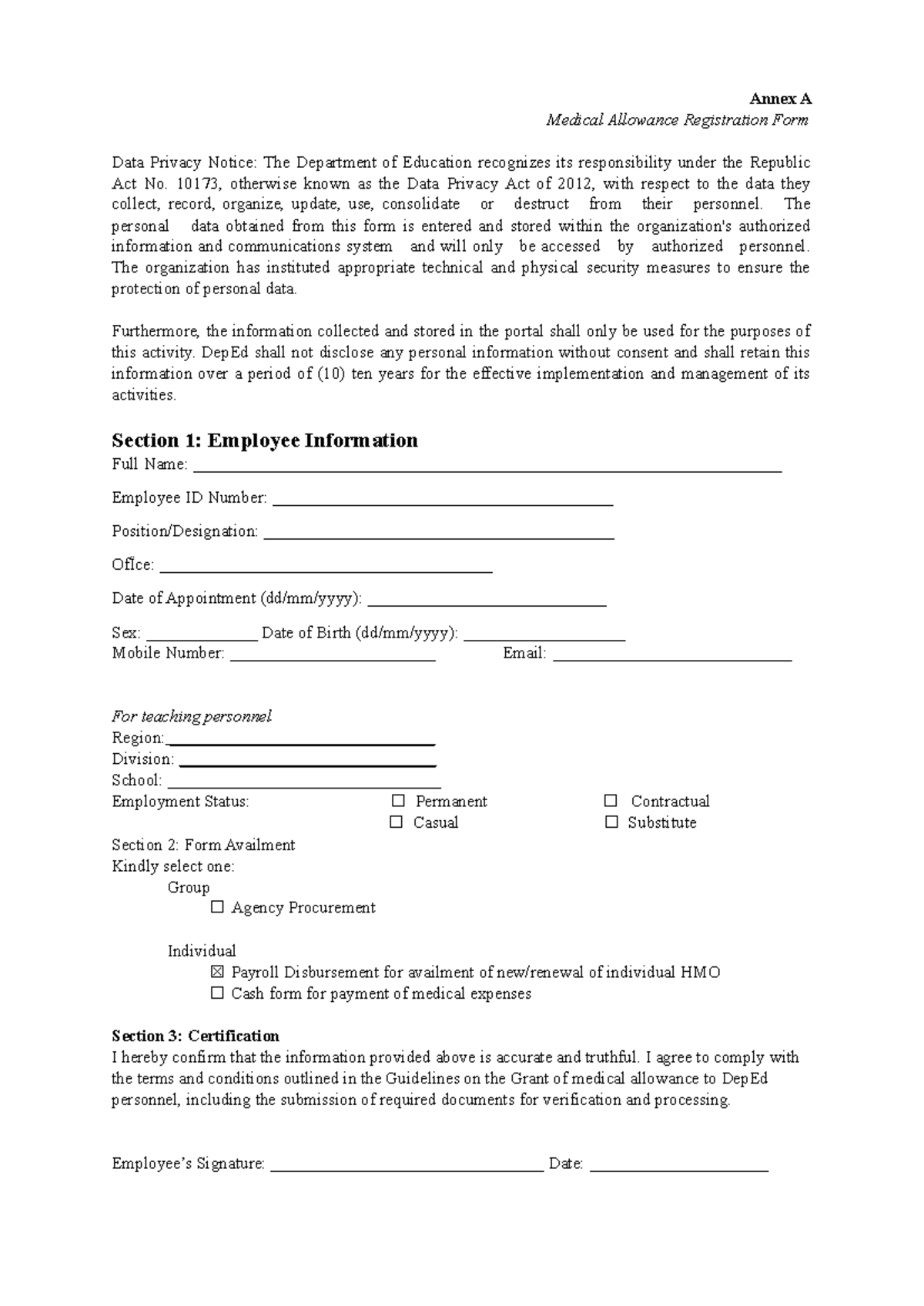 Annex A: Medical Allowance Registration Form Data Privacy Notice - Studocu