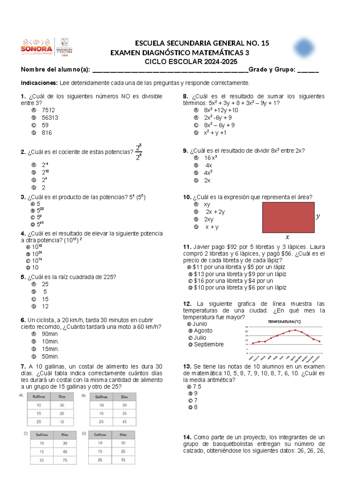 Examen Diagnóstico MATE3 - Matemáticas 3 Ciclo Escolar 2024 - Document Preview