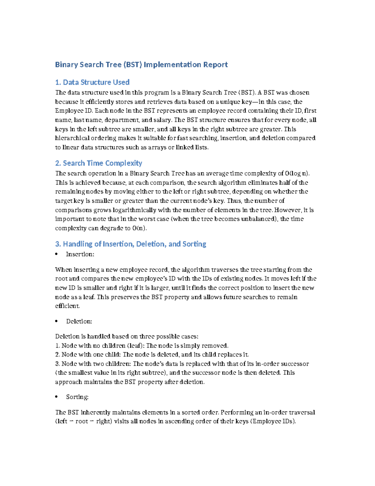 BST Implementation Report: Efficient Employee Data Management - Studocu