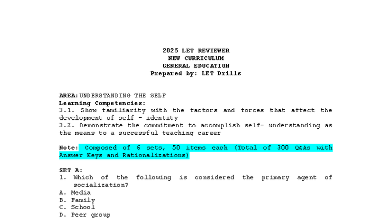 2025 LET REVIEWER: UNDERSTANDING THE SELF - GENERAL EDUCATION - Studocu