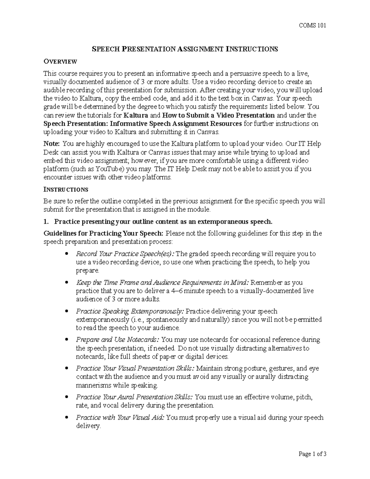 Speech Presentation Assignment Instructions - COMS 101 SPEECH ...