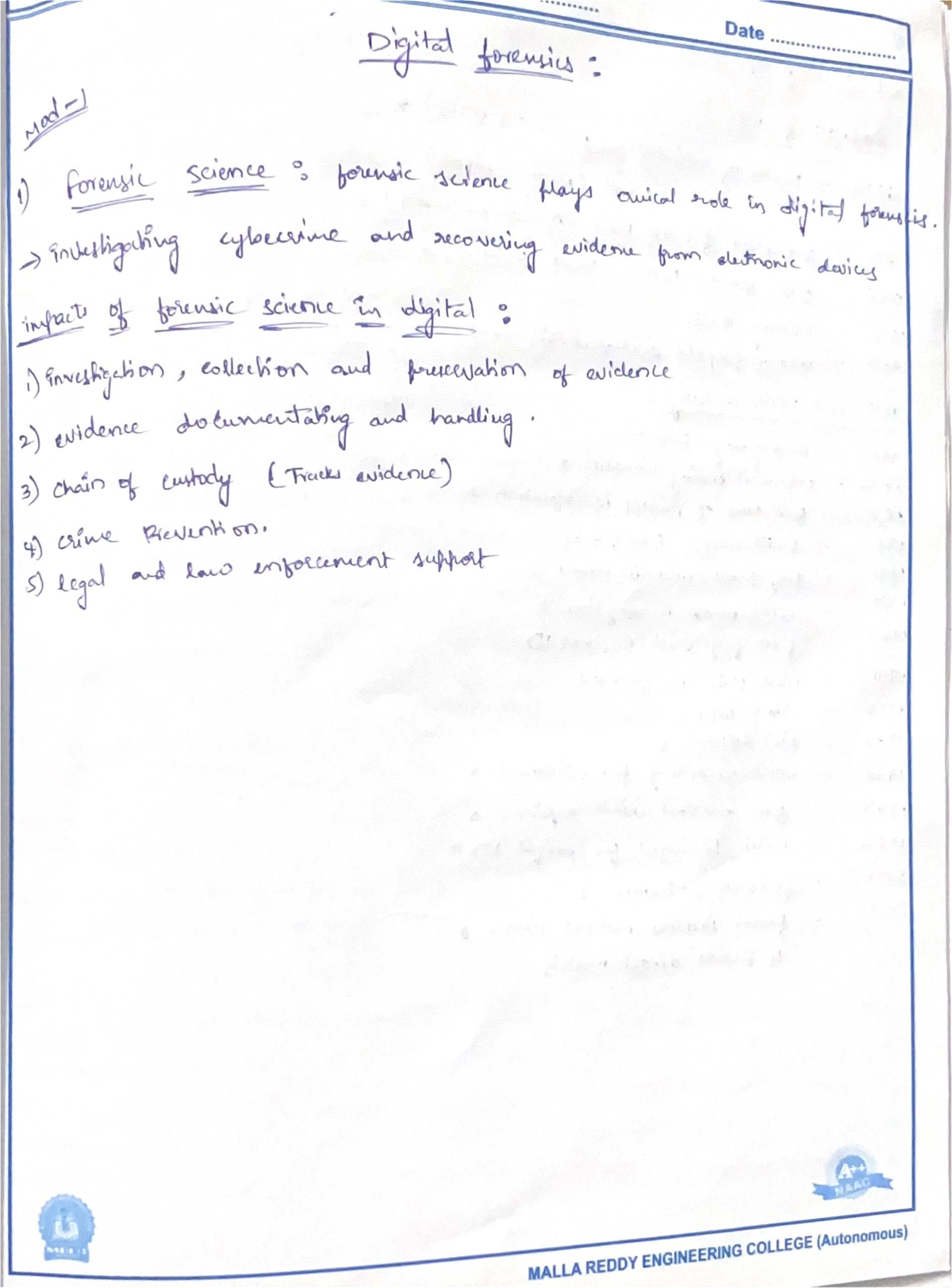 DF MID-1: Handwritten Notes for Digital Forensics Module 1-3 Exam Prep ...