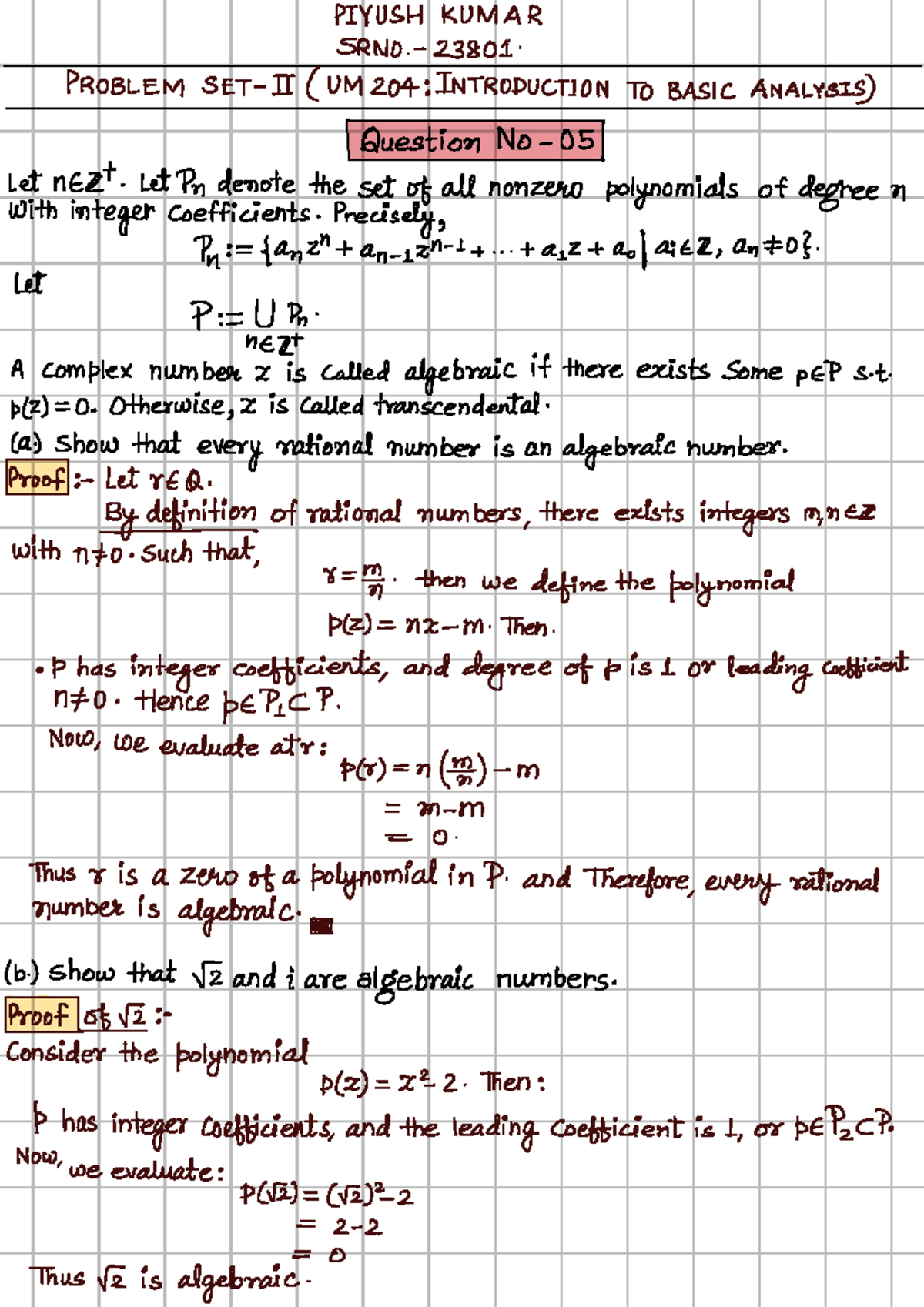 Assignment 02: Algebraic and Transcendental Numbers in Basic Analysis ...