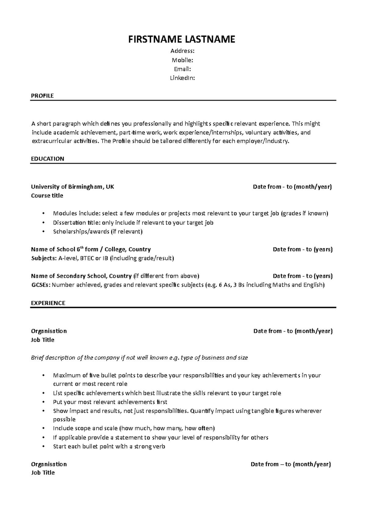 UG Resume Template for University of Birmingham Students - Studocu