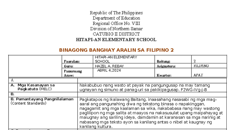 Q4 FILIPINO 2 WEEK 7 DLL - LESSON PLAN ON SENTENCE STRUCTURE - Studocu