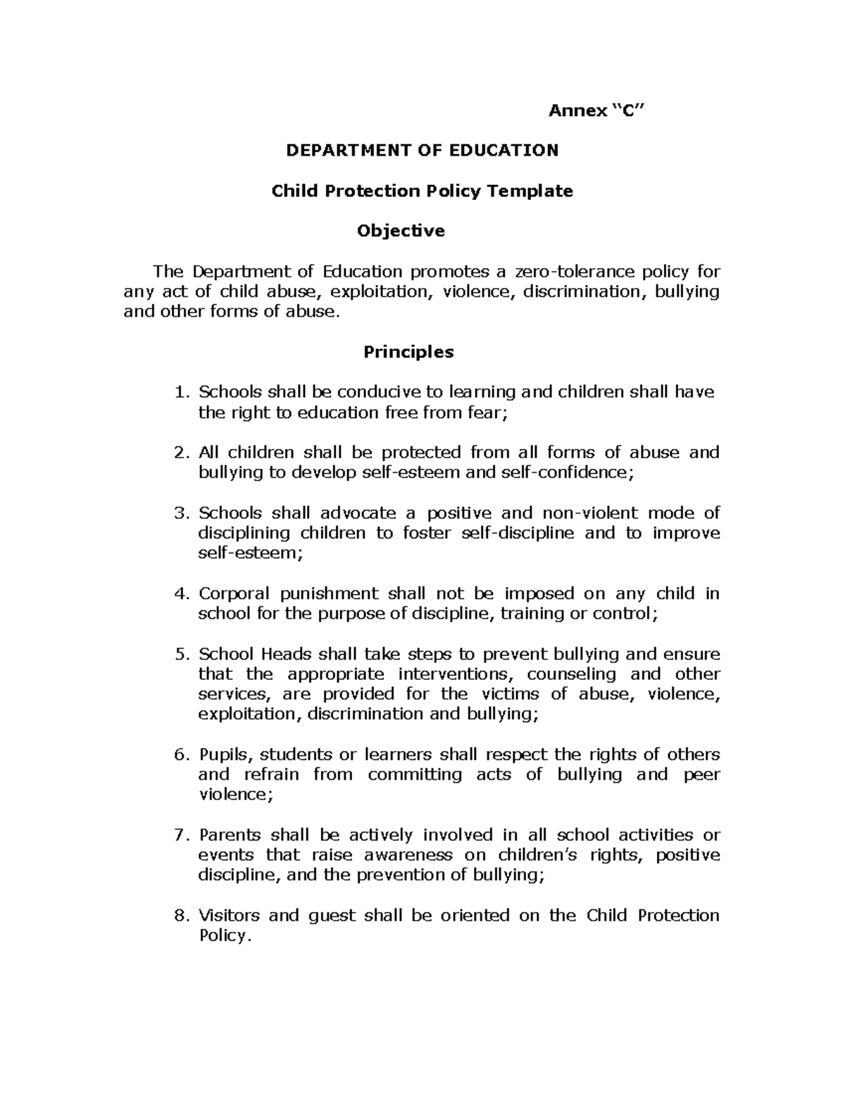 Child Protection Policy Template (Annex C) for Education - Studocu
