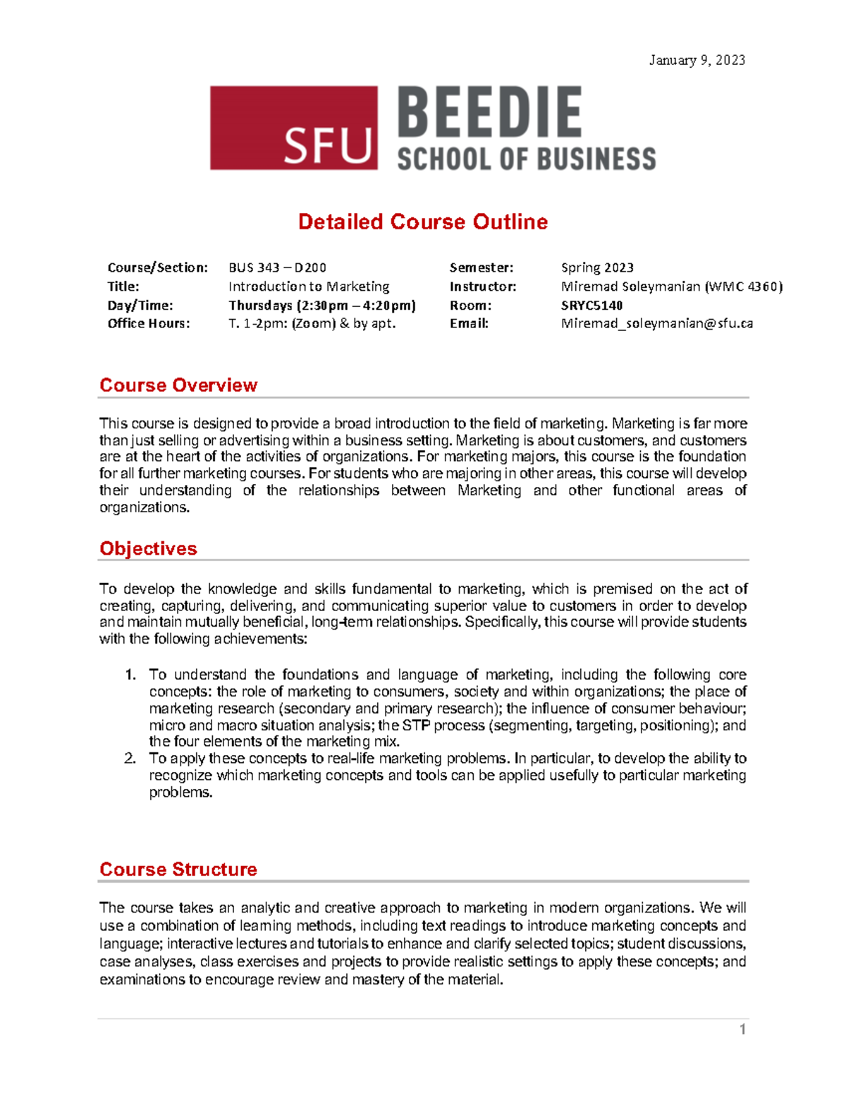 BUS 343 (D200) Syllabus Spring 2023 - Detailed Course Outline Course ...