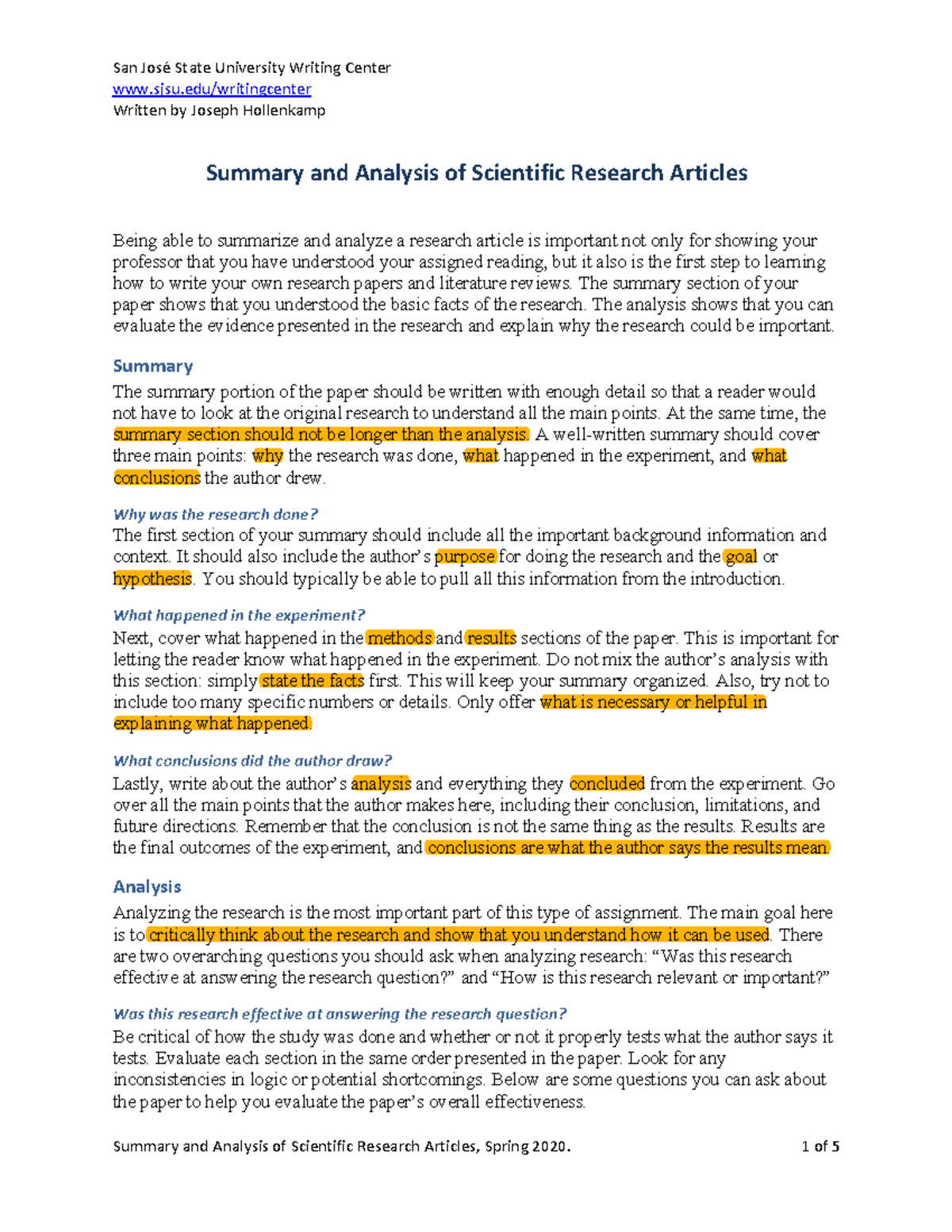 Summary and Analysis of Scientific Research Articles (Spring 2020 ...